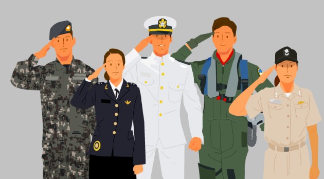 각 군 복장을 착용한 군인들이 경례하는 모습의 일러스트, 육군·해군·공군·해병대·여군 포함