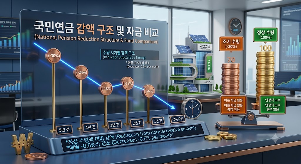국민연금 감액 구조 및 자금 비교"라는 큰 제목의 인포그래픽 이미지. 왼쪽에는 수령 시기별(5년 전부터 1년 전) 감액 구조가 선 그래프로 표시되어 있으며, 5년 전 수령 시 최대 -30% 감액됨을 알리고 있습니다. 하단에는 "정상 수령액 대비 감액" 및 "매월 -0.5%씩 감소"라는 설명이 있습니다. 오른쪽에는 정상 수령과 조기 수령의 자금 가치 및 총액을 비교하는 동전 스택 그래프와 설명이 있습니다. "조기 수령 (-30%)"은 빠른 자금 활용이 가능하지만 총액이 적음을, "정상 수령 (100%)"은 안정적 노후와 많은 총액을 의미함을 시각적으로 대조하고 있습니다. 배경에는 국민연금 건물 모형과 사무실 전경이 보이며, 하단에는 "감액 구조 &amp; 자금 비교 분석!"이라는 문구와 손가락 아이콘이 있습니다.
