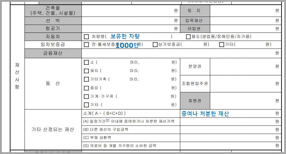 재산 사항 작성 예시