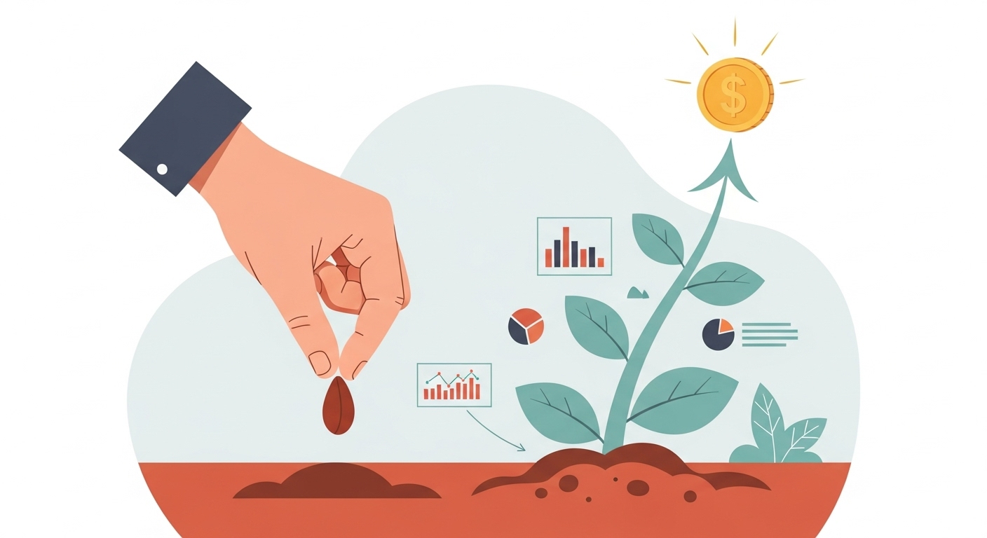손이 심은 씨앗에서 금융 성장을 상징하는 식물이 자라나 빛나는 코인으로 이어지는 모습, 현명한 투자를 의미합니다.