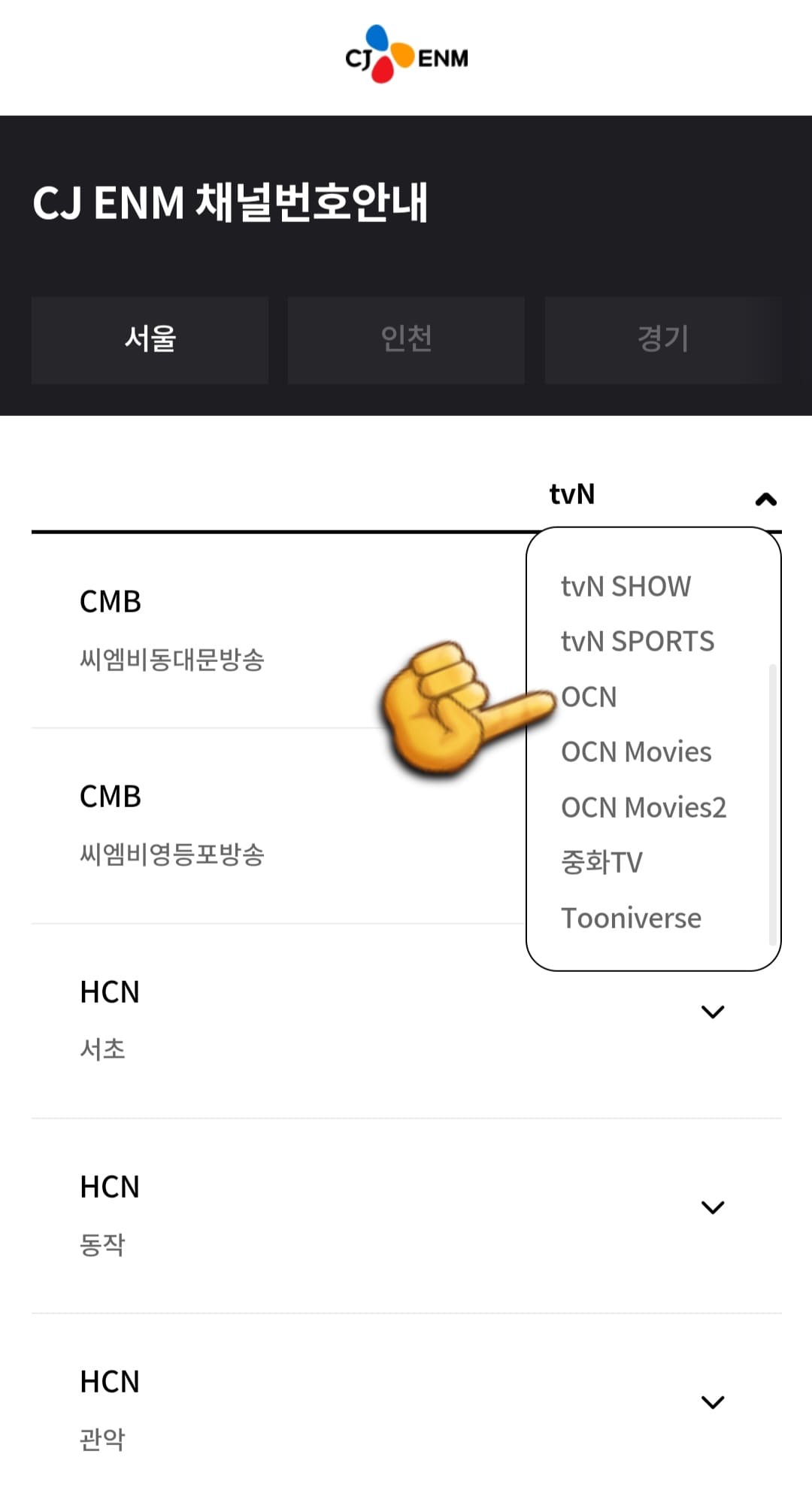 OCN-채널번호-확인하는-방법-안내-오른쪽에-표시된-화살표-V표시를-클릭하면-tvN,-tvN-STORY,-tvN-DRAMA,-tvN-SHOW,-tvN-SPORTS,-OCN,-OCN-Movies,-OCN-Movies2,-중화TV,-Tooniverse(투니버스)의-채널번호를-확인할-수-있는데요.-여기에서-OCN을-선택합니다.