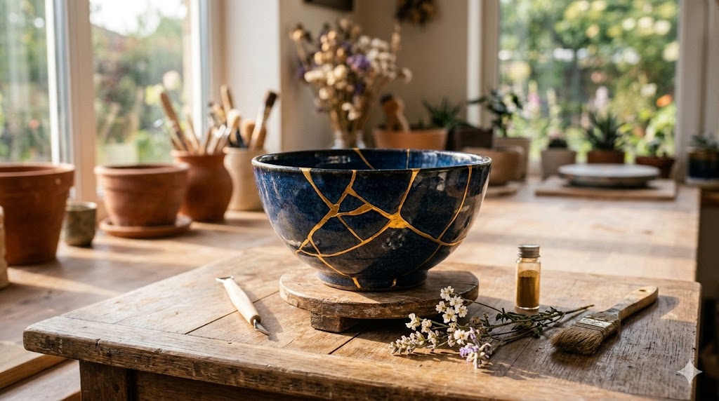 Symbolizes how a wounded heart can heal and become stronger, like the art of Kintsugi which mends broken pottery with gold.