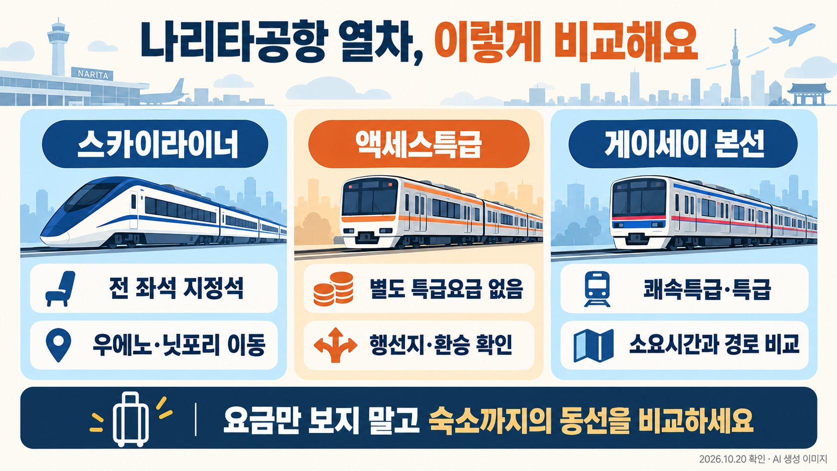 스카이라이너와 액세스특급 및 게이세이 본선 열차의 선택 기준 비교