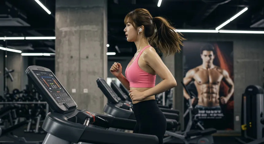 헬스장에서 러닝머신을 뛰고있는 여성 이미지