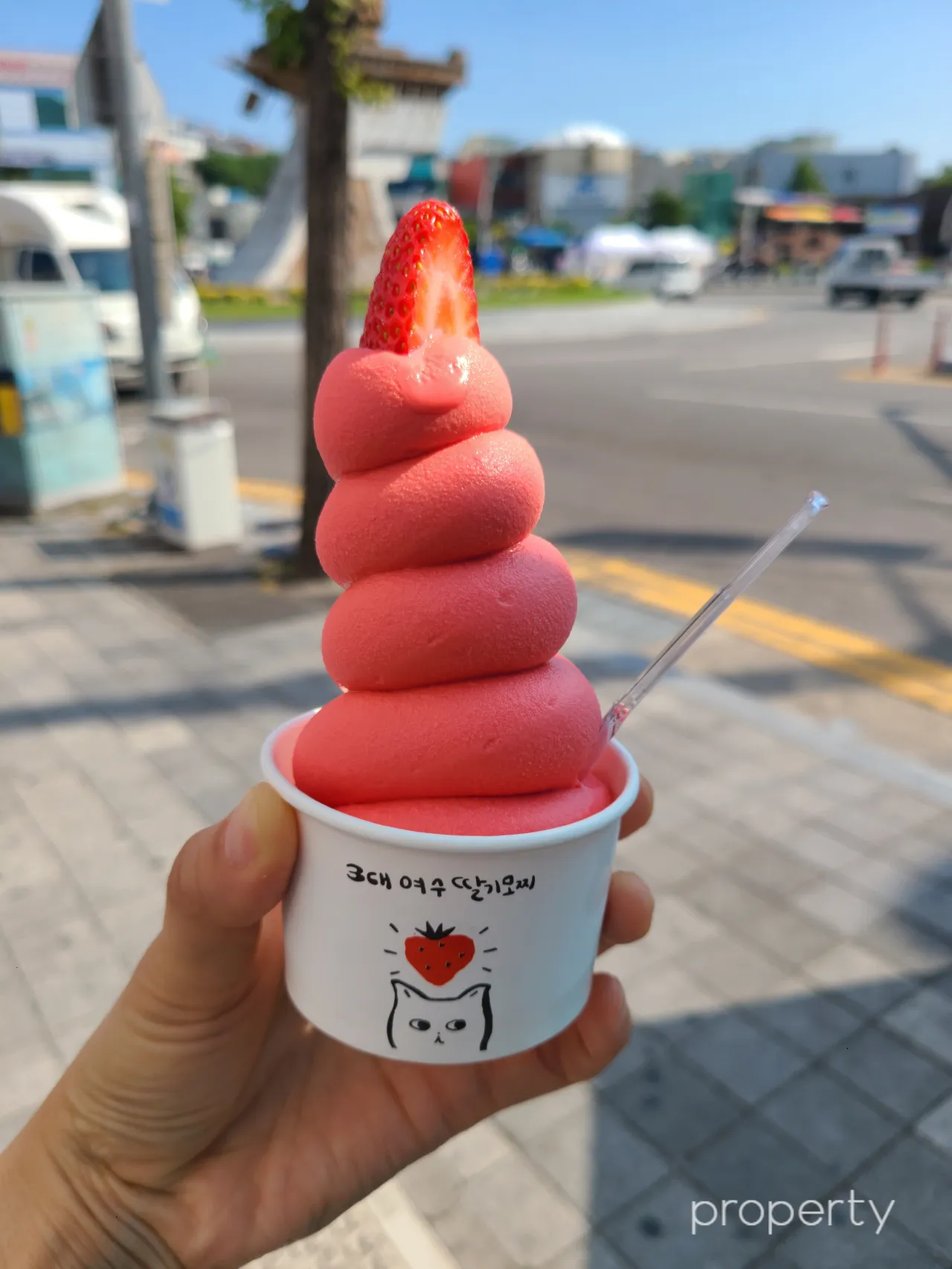 빨간색-소프트아이스크림-맨위에딸기가올려진-고양이가그려진컵에-숟가락이꽂혀있는