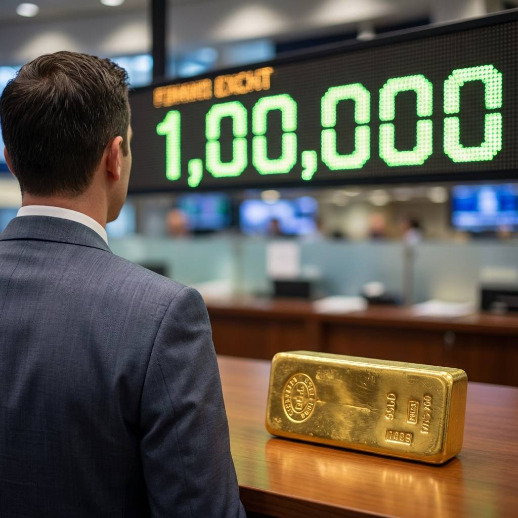 1,000,000이라는 숫자가 적힌 전광판 앞에서 빛나는 순금 골드바와 이를 지켜보는 투자자의 뒷모습