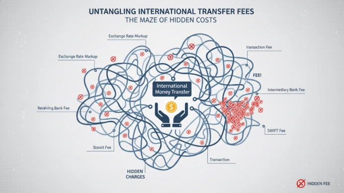 복잡한 해외 송금 과정에서 발생하는 숨겨진 수수료들을 나타내는 인포그래픽. 얽힌 선들과 함께 작은 수수료 아이콘들이 여러 곳에 표시되어 있습니다.