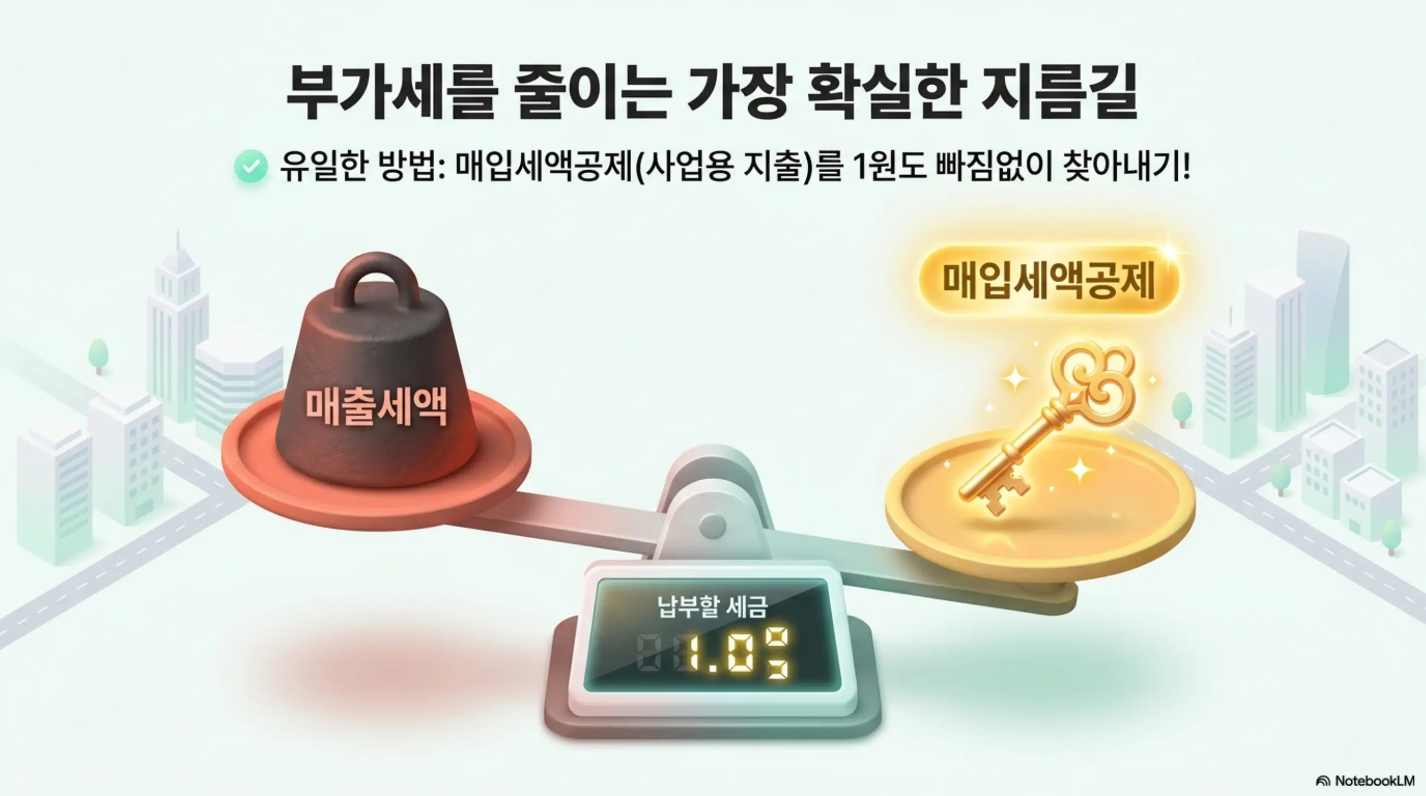 매입세액공제: 부가세를 줄이는 가장 확실한 지름길이라는 문구가 포함된 이미지. 매출세액 추와 매입세액공제 열쇠가 저울 위에 놓여 있고 납부할 세금이 줄어드는 모습을 시각적으로 전달하며 매입세액공제가 부가세 절세의 핵심이라는 블로그 내용을 설명함