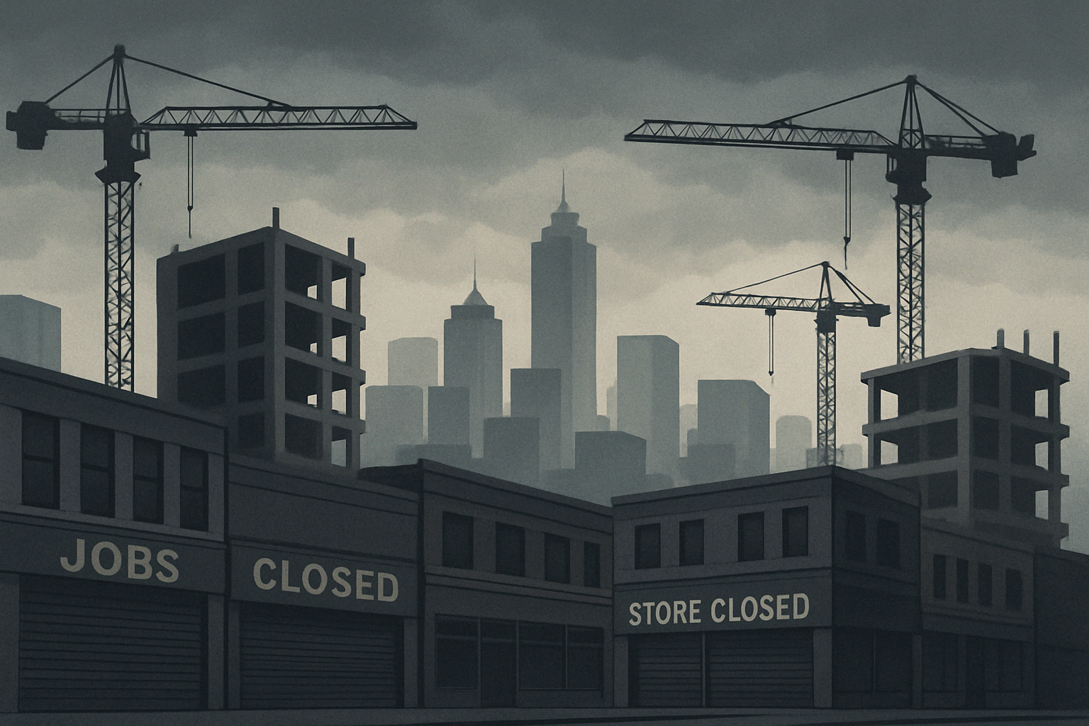 텅 빈 건설 현장과 문을 닫은 상점들이 보이는 도시 스카이라인