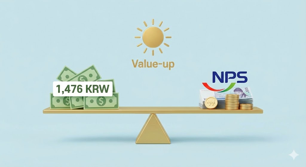원화와 달러가 시소 위에서 균형을 맞추는 가운데, 국민연금의 밸류업 지지 신호가 담긴 인포그래픽