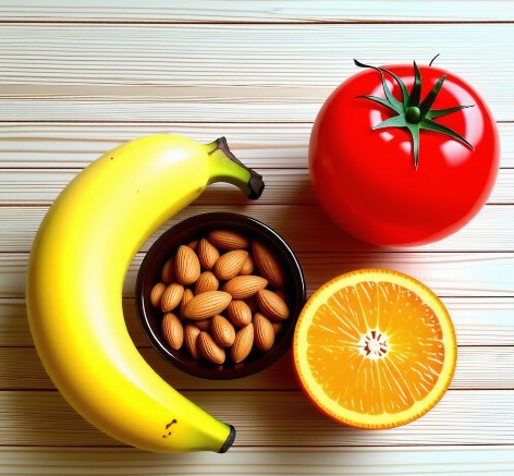 목재 식탁 위에 바나나, 오렌지, 토마토, 아몬드가 있습니다.