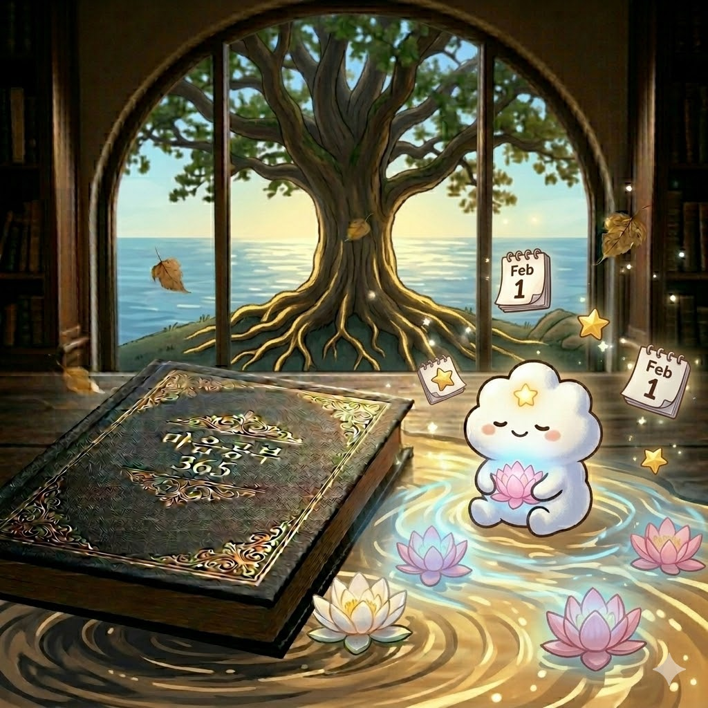 KR: 명상하는 캐릭터의 내면에서 빛나는 연꽃이 명료함의 파동을 내뿜는 모습을 통해, 2월 1일 뇌를 깨우는 3분 명상의 힘을 표현한 귀여운 애니메이션 이미지.

EN: A cute character meditating with a glowing lotus inside its head, representing the 3-minute power of mindfulness to reset the brain on February 1st.