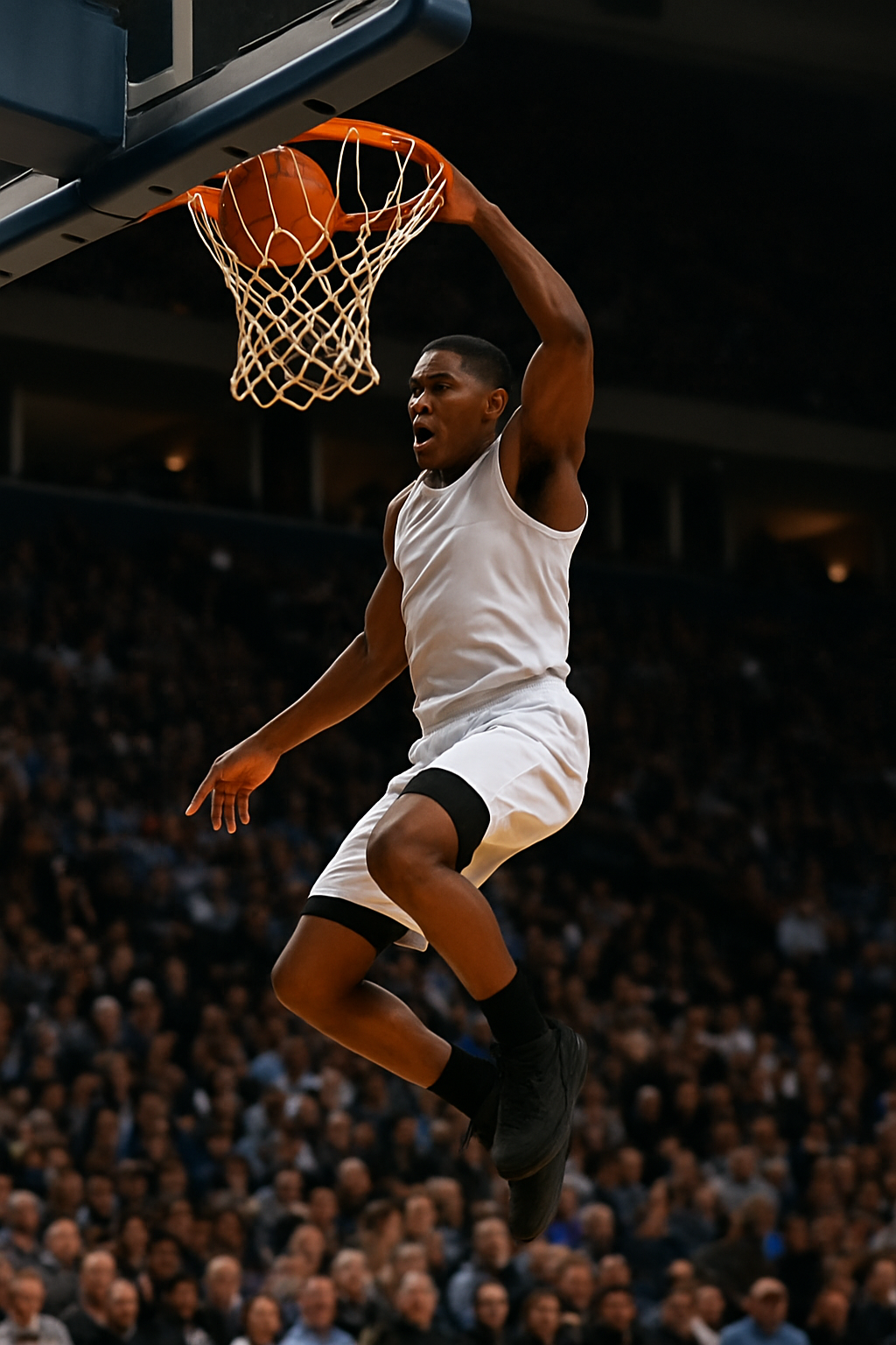 Basketball player executing a powerful slam dunk in mid-air during a professional game, with an intense crowd in the background