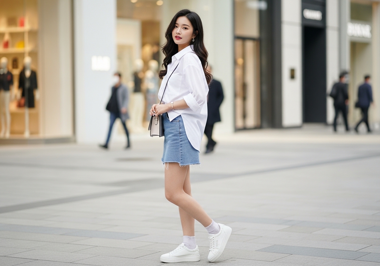 데님 미니스커트와 화이트 셔츠를 매치한 캐주얼 코디