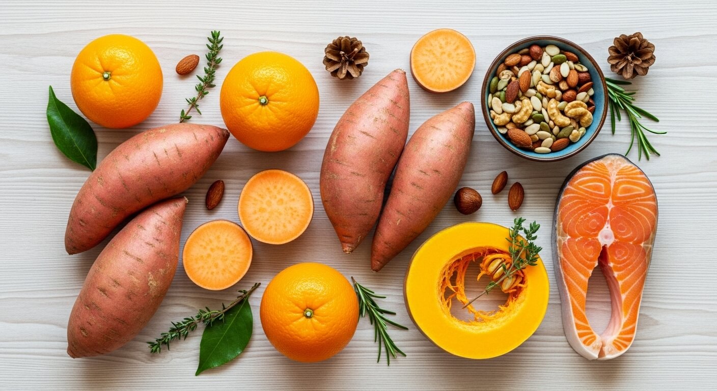 귤, 고구마, 단호박, 연어, 견과류 등 겨울철 이너뷰티 푸드들이 예쁘게 정돈된 모습.