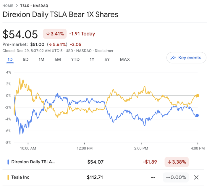 TSLS의 1일 주가 움직임 vs 테슬라