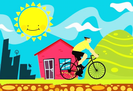 아침 해가 두둥실 떠 있고, 노란 반팔 티를 입은 남자가 검정색 자전거를 타고 모닝 루틴대로 운동을 한다. 길가엔 분홍 집과 푸른 동산이 있다.