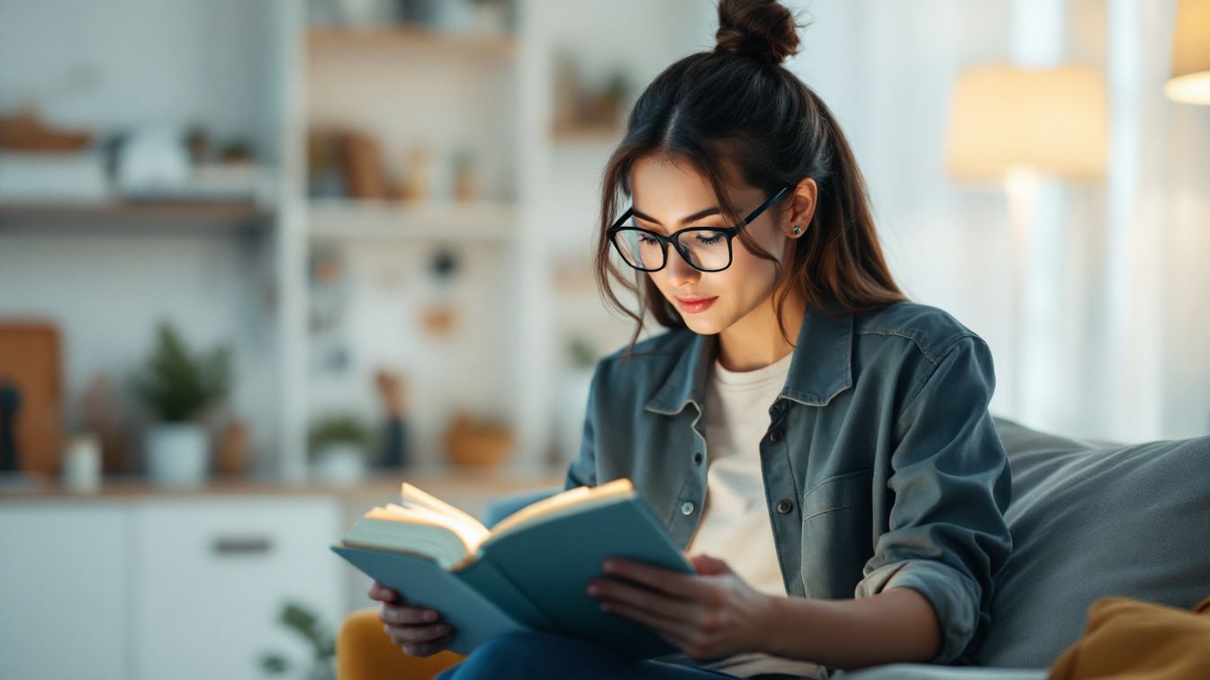 A woman is reading a book.