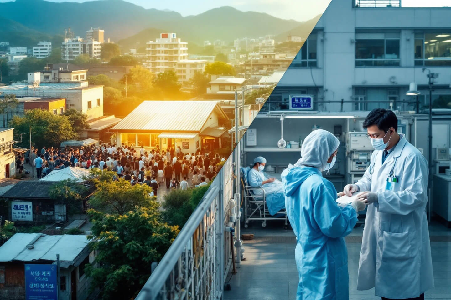 수도권과 지방 의료 인프라의 차이를 시각화한 이미지. 한쪽은 빌딩과 병원들이 밀집된 도시 지역, 다른 한쪽은 병원이 드문 시골 지역을 보여주며 지역 간 의료 접근성 격차를 강조