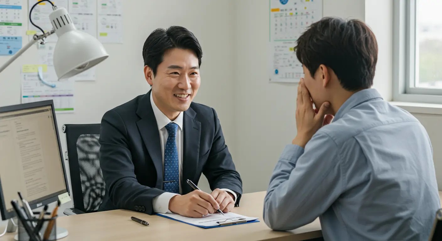 근로자가 채무통합지원을 위해 금융 전문가와 상담하는 모습