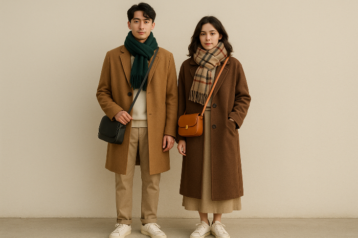 가방과 스니커즈로 겨울 커플룩을 완성한 패션 이미지