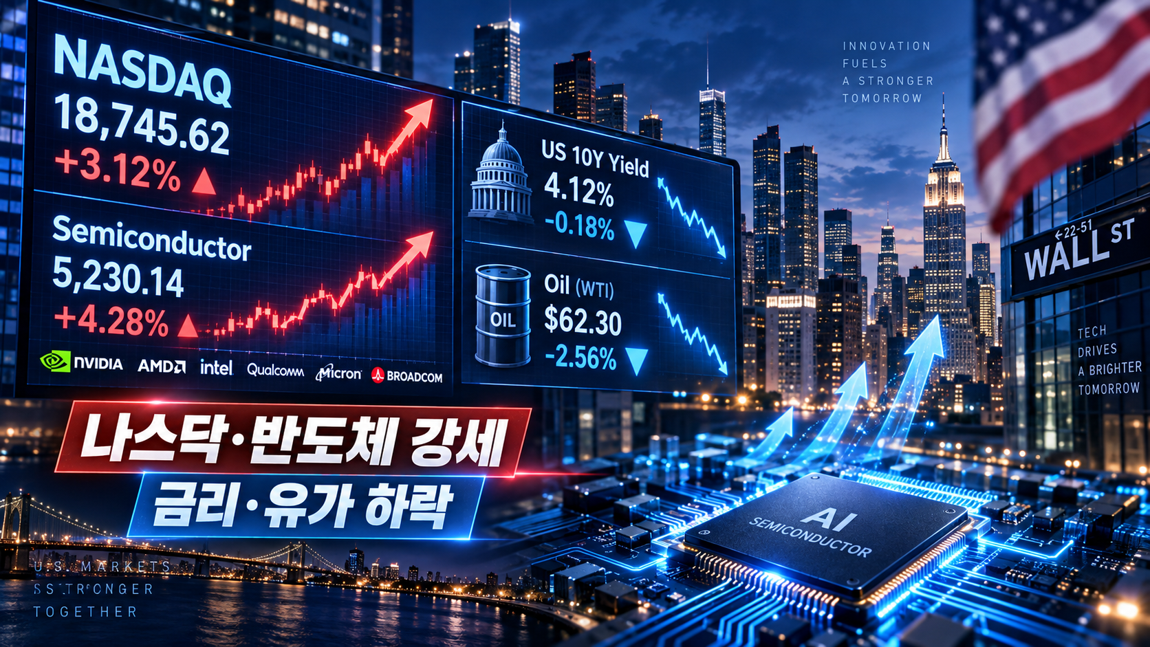 미국 나스닥과 반도체주 급등 및 미국 국채금리와 국제유가 하락을 나타낸 증시 이미지