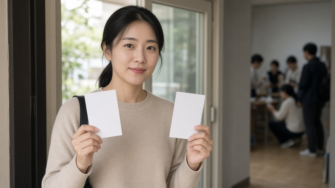 시험장 입구에서 수험표와 신분증을 확인하는 30대 한국인 여성 수험생