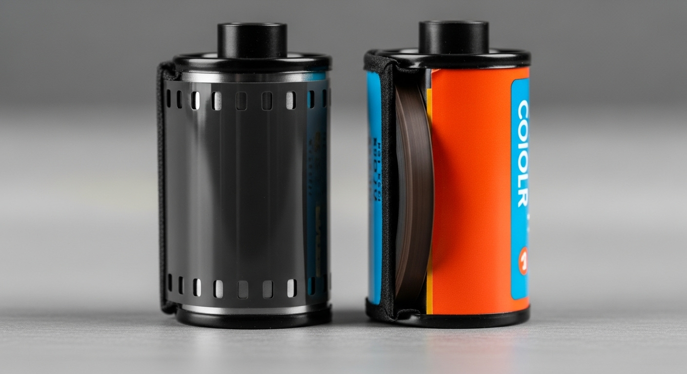 흑백 필름과 컬러 필름이 나란히 놓인 이미지