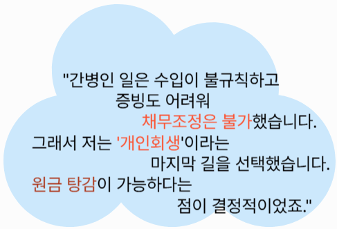 “채무조정이 불가능한 상황에서 개인회생을 선택한 이유를 설명하는 말풍선 이미지”