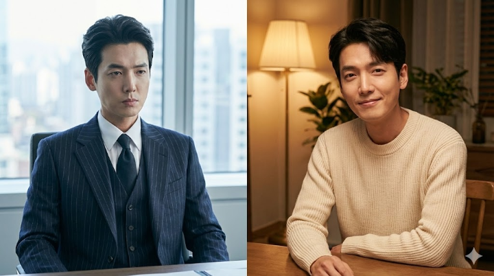 고급 슈트를 입은 냉철한 강다윗과 후반부 니트 차림의 따뜻한 강다윗