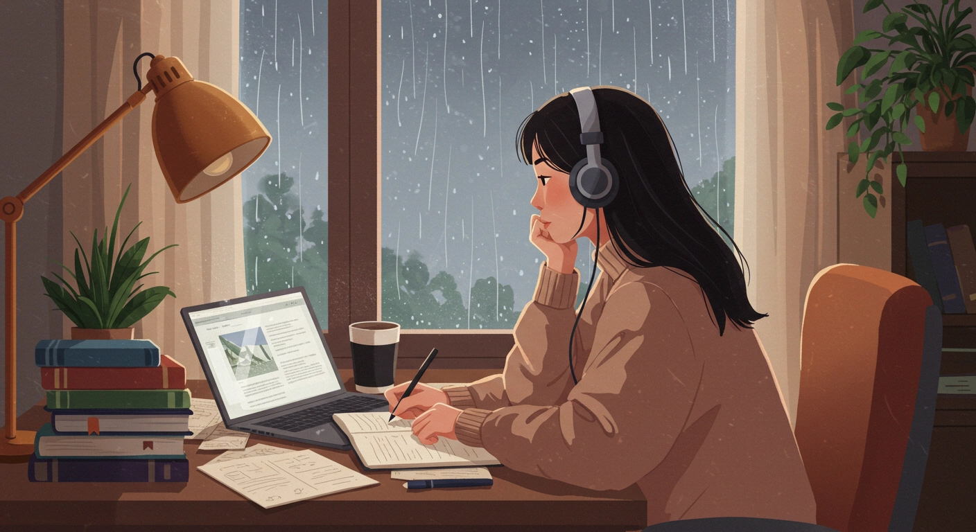 비오는 날 책상에 앉아 공부 중인 사람