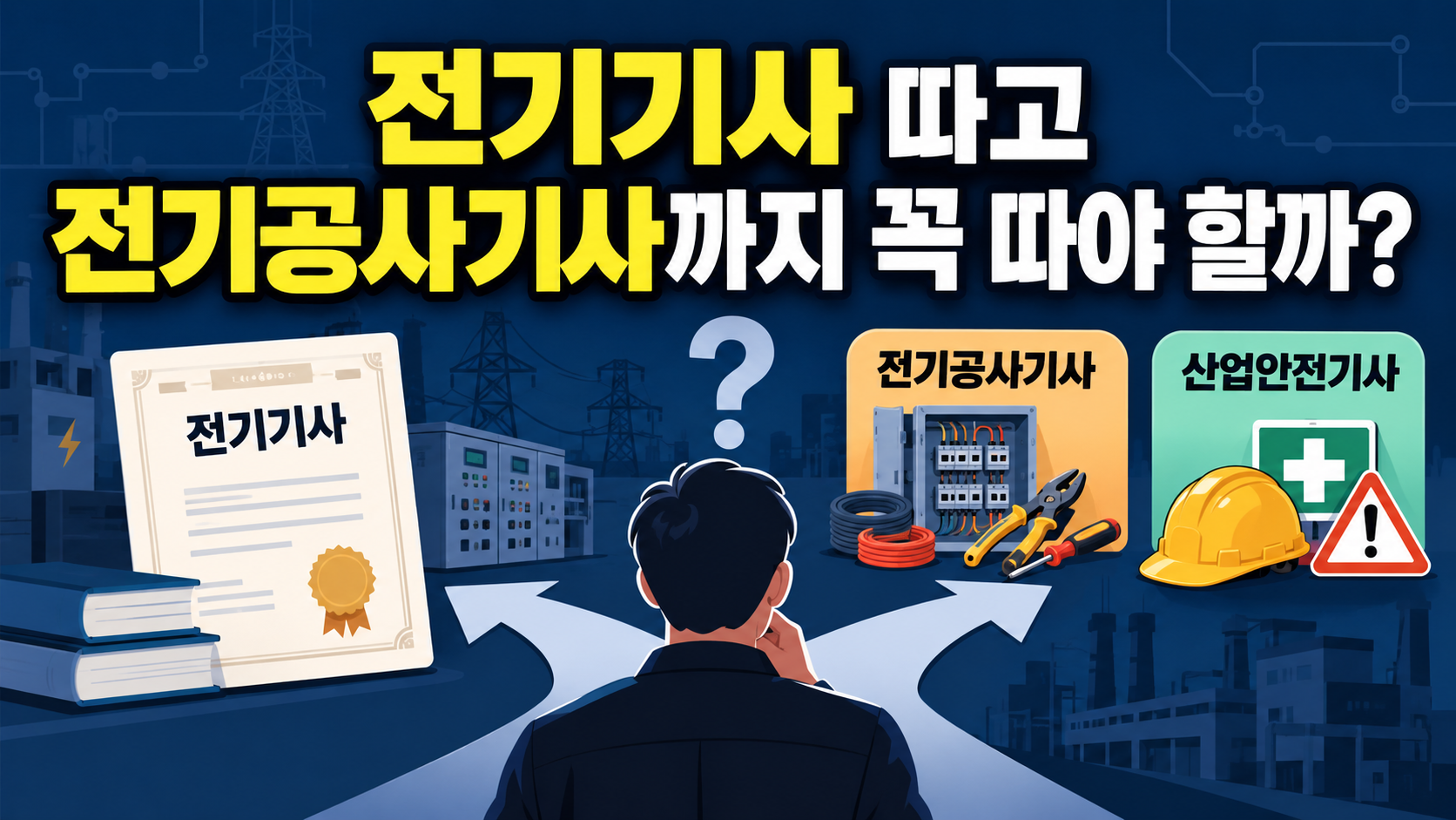 전기기사 취득 후 전기공사기사와 산업안전기사 중 추가 자격증을 고민하는 모습을 표현한 일러스트