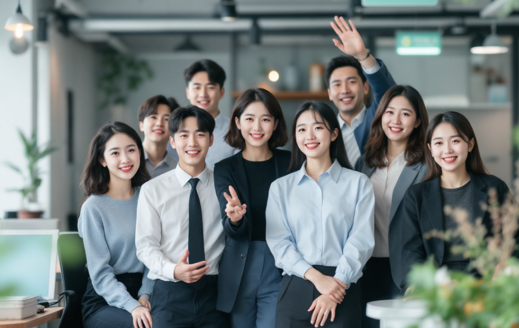 취업에 성공한 청년들이 정면을 보며 웃는 모습