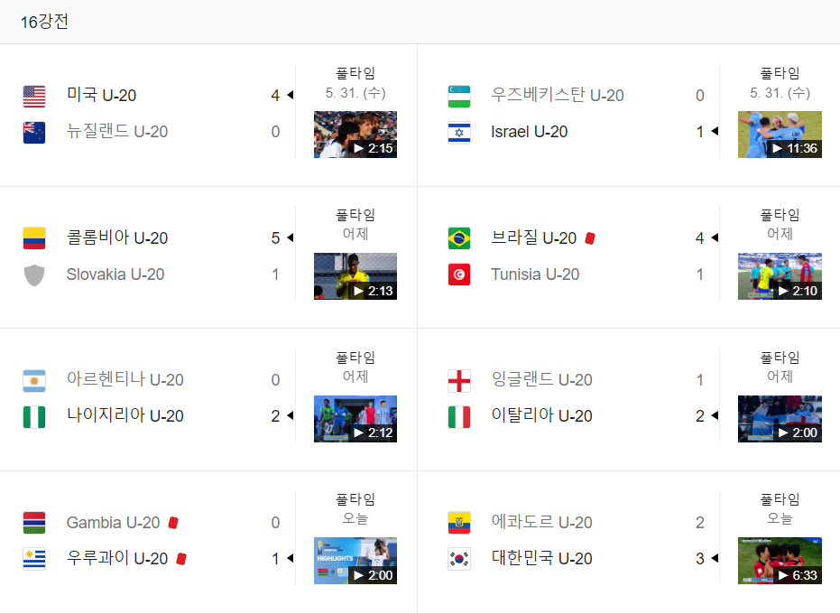 fifa U-20 월드컵 16강전 결과