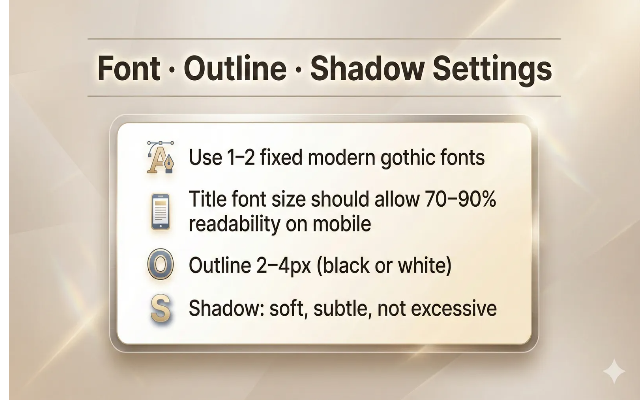 폰트·외곽선·그림자 효과 세팅값을 시각적으로 정리한 썸네일 인포그래픽 이미지. 고딕 계열 폰트, 2~4px 외곽선, 약한 그림자 효과만 사용하는 기준을 안내함.