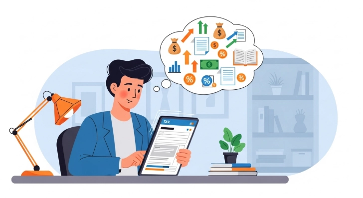 태블릿으로 연말정산 서류를 검토하며 세금 절약에 성공하여 만족하는 사람