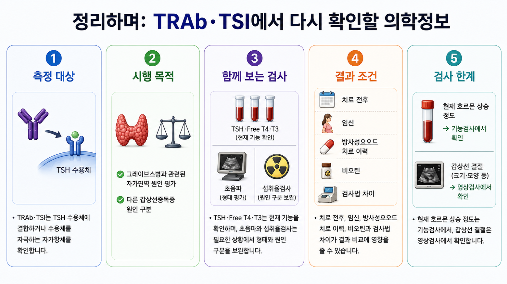 TRAb와 TSI 검사의 측정 대상, 시행 목적, 함께 보는 검사, 결과 조건과 검사 한계를 요약한 레고 스타일 메디컬 인포그래픽