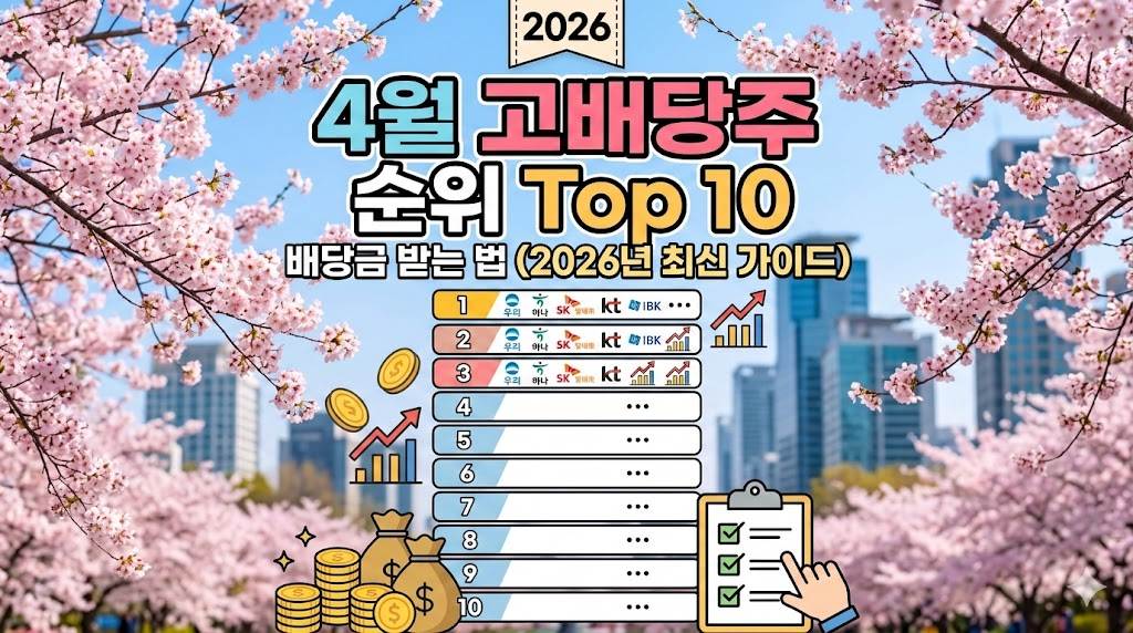 벚꽃이 만개한 도심을 배경으로 한 2026년 4월 고배당주 순위 Top 10 및 배당금 받는 법 가이드 인포그래픽.