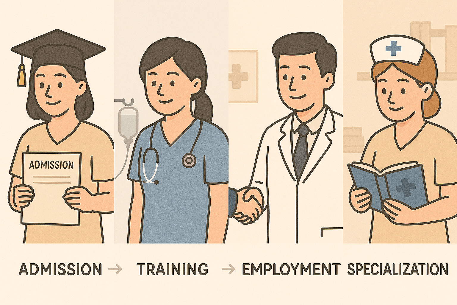 간호사의 성장 과정(입학 &rarr; 실습 &rarr; 취업 &rarr; 전문분야 진출)을 시각적으로 표현한 이미지