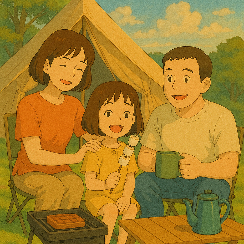 엄마 아빠 아이가 캠핑장에서 즐겁게 이야기 나누는 모습
