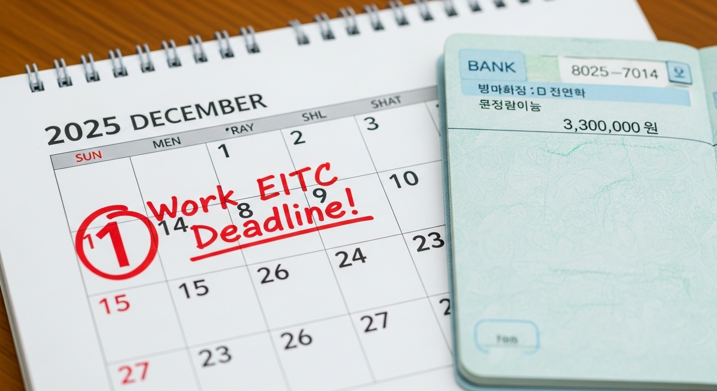 2025년 12월 1일 달력에 '근로장려금 마감!'이라고 크게 표시되어 있고, 그 옆에 '최대 330만원'이 찍힌 통장 이미지