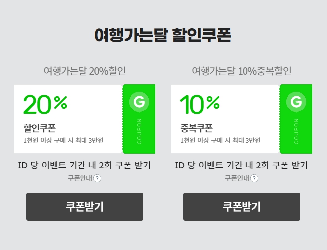 여행가는 달 할인 쿠폰받기 화면