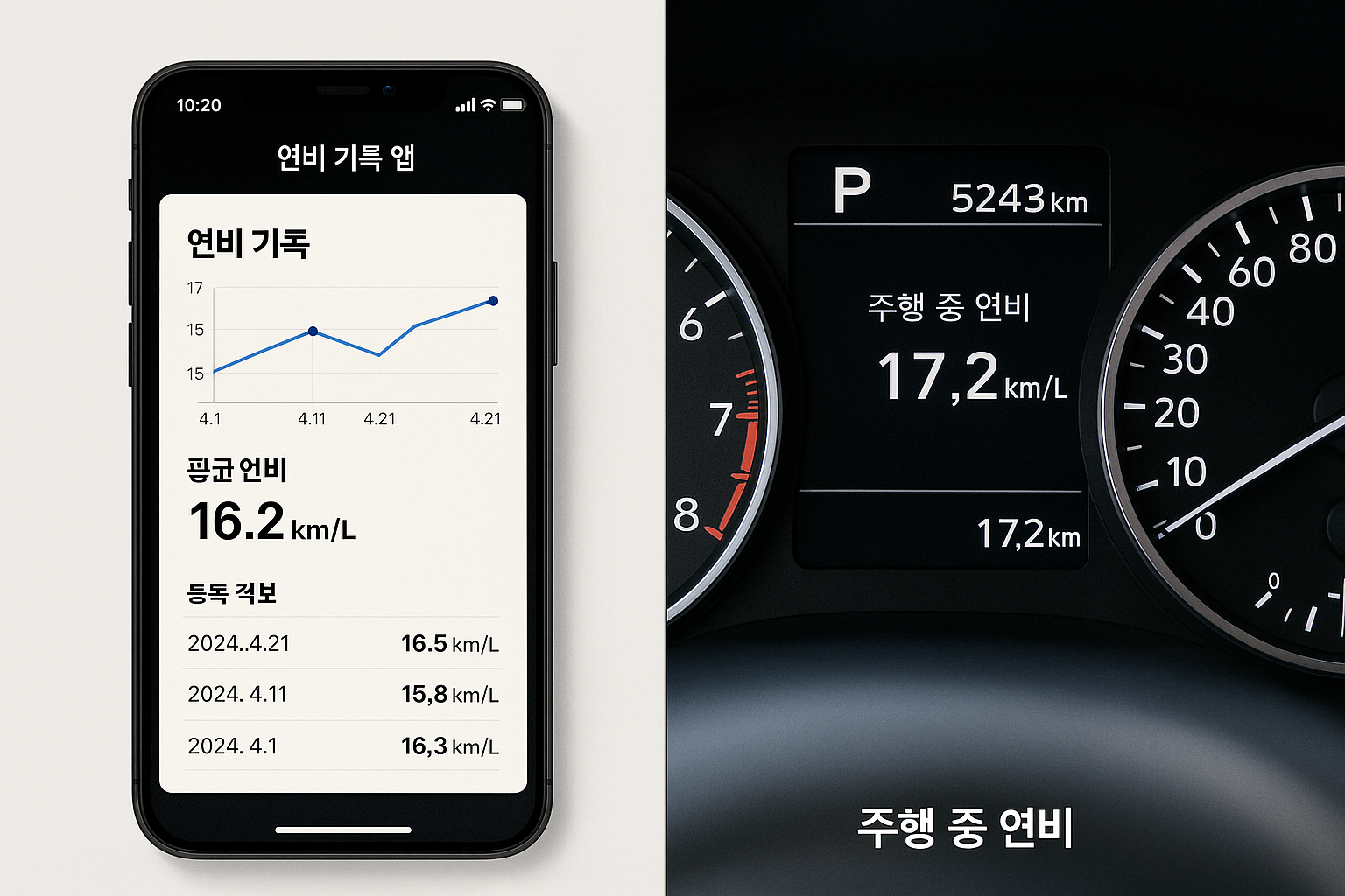 연비 기록 앱과 주행 중 차량 연비 계기판