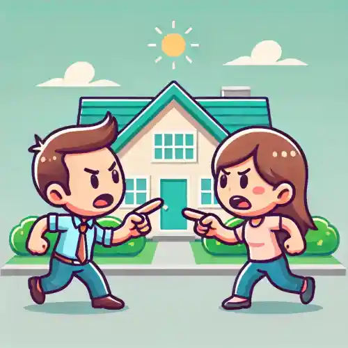 주택 한 채를 배경으로 두 사람이 서로의 권리를 주장하며 언쟁하는 모습