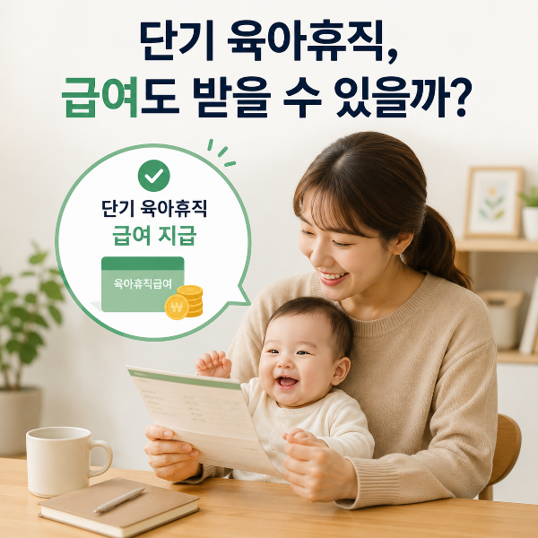단기 육아휴직 급여통장 보고 웃는 엄마와 아이