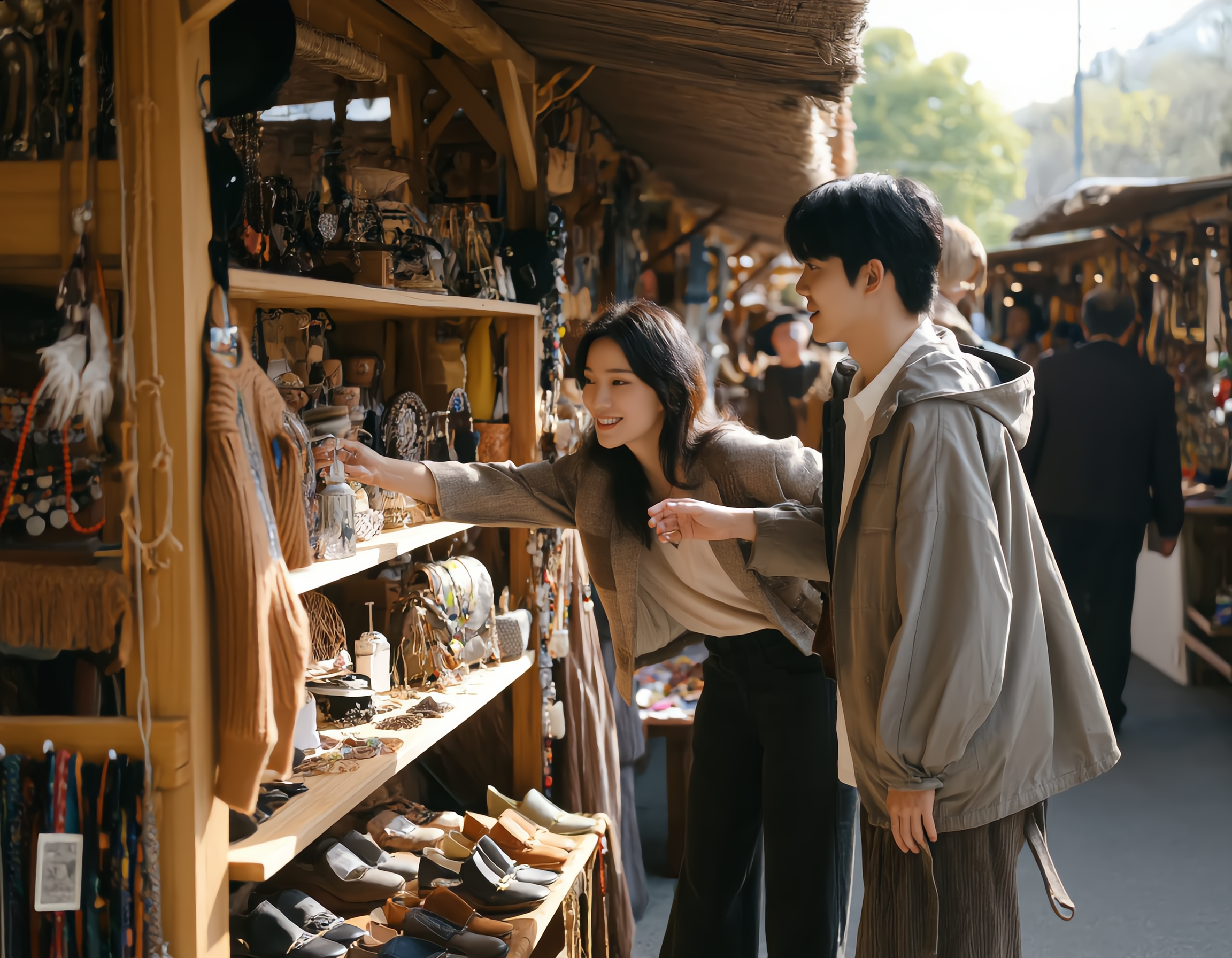 활기찬 벼룩시장에서 캐주얼 복장의 사람들이 나무로 된 진열대에 걸린 화려한 빈티지 의류와 독특한 액세서리를 구경하며, 따뜻한 햇빛 아래에서 미소 지은 얼굴들과 활발한 상호작용이 넘치는 와이드 앵글 샷으로 풍부한 질감과 생동감 넘치는 색상이 어우러진 분위기.