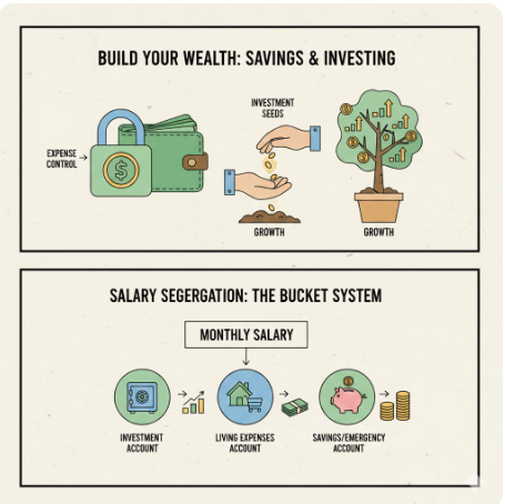 지출 통제(자물쇠)를 통해 투자금(씨앗)을 확보하고 키우는 과정을 묘사한 일러스트
