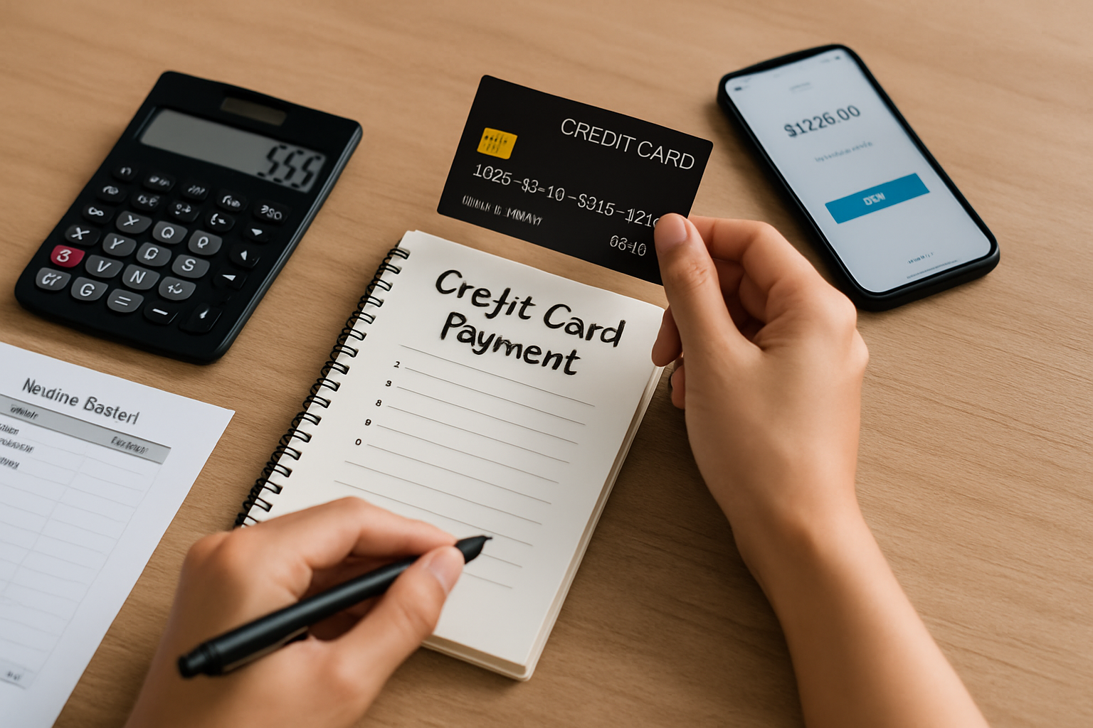 책상 위에 신용카드, 노트북, 공책, 영수증 등을 펼쳐놓고 지출 내용을 점검하는 장면