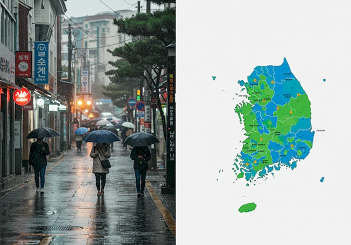제주도의 흐린 하늘 아래 우산을 쓴 사람들이 걷는 모습 또는 한국 지도에 지역별 강수량을 색상으로 표시한 이미지