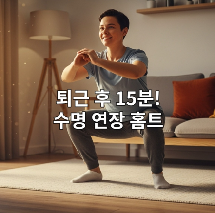 퇴근 후 집에서 편안하게 스쿼트를 하는 직장인의 모습. 건강하고 활기찬 삶을 위한 15분 근력 운동의 중요성을 보여줍니다.